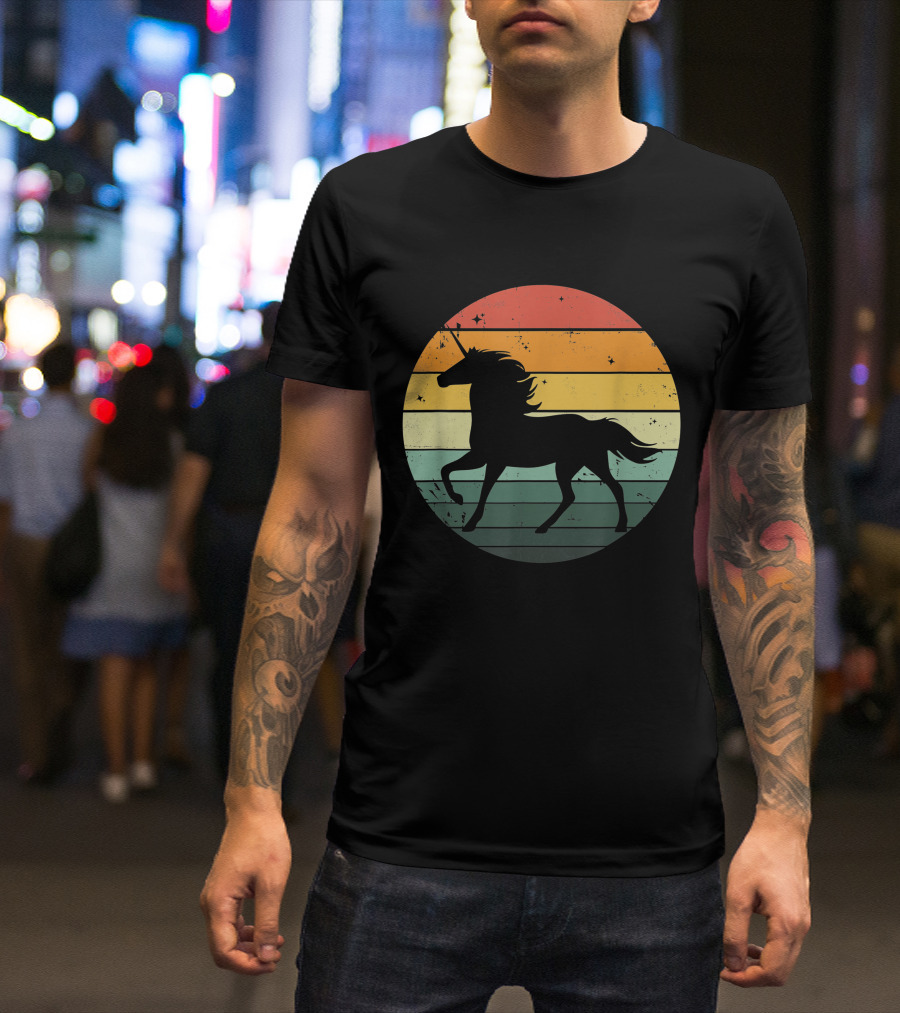 Unicorn Silhouette Against Retro 70s Sunset Stripes T-Shirt