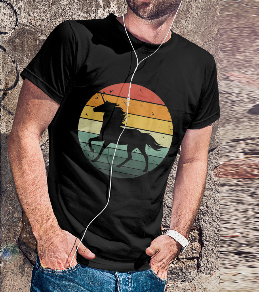 Unicorn Silhouette Against Retro 70s Sunset Stripes T-Shirt