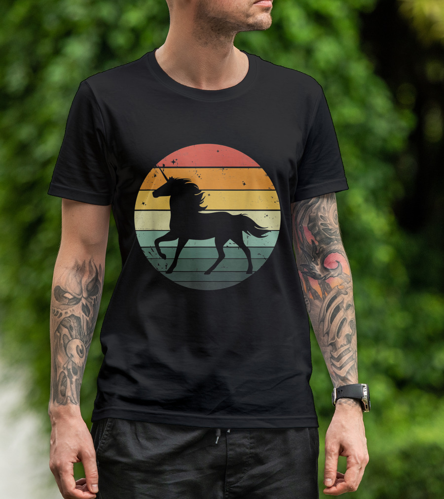 Unicorn Silhouette Against Retro 70s Sunset Stripes T-Shirt