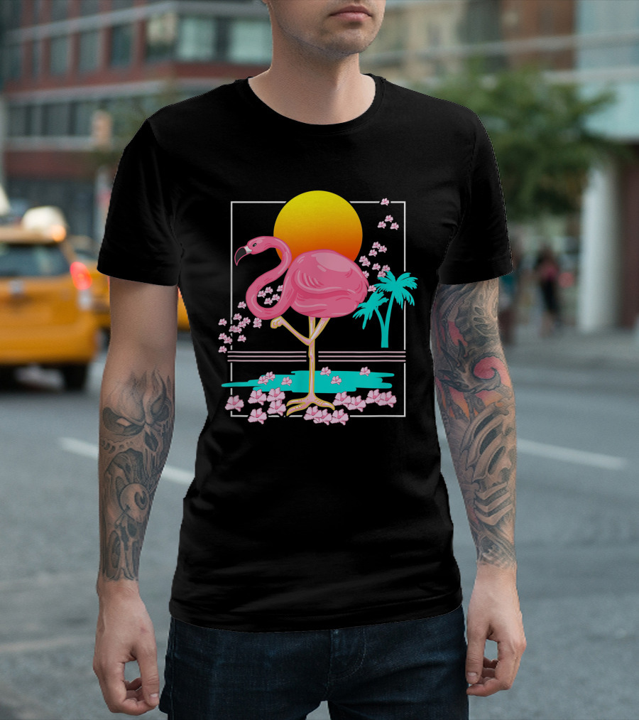 Flamingo Tropical Flowers and Sunset Scene T-Shirt