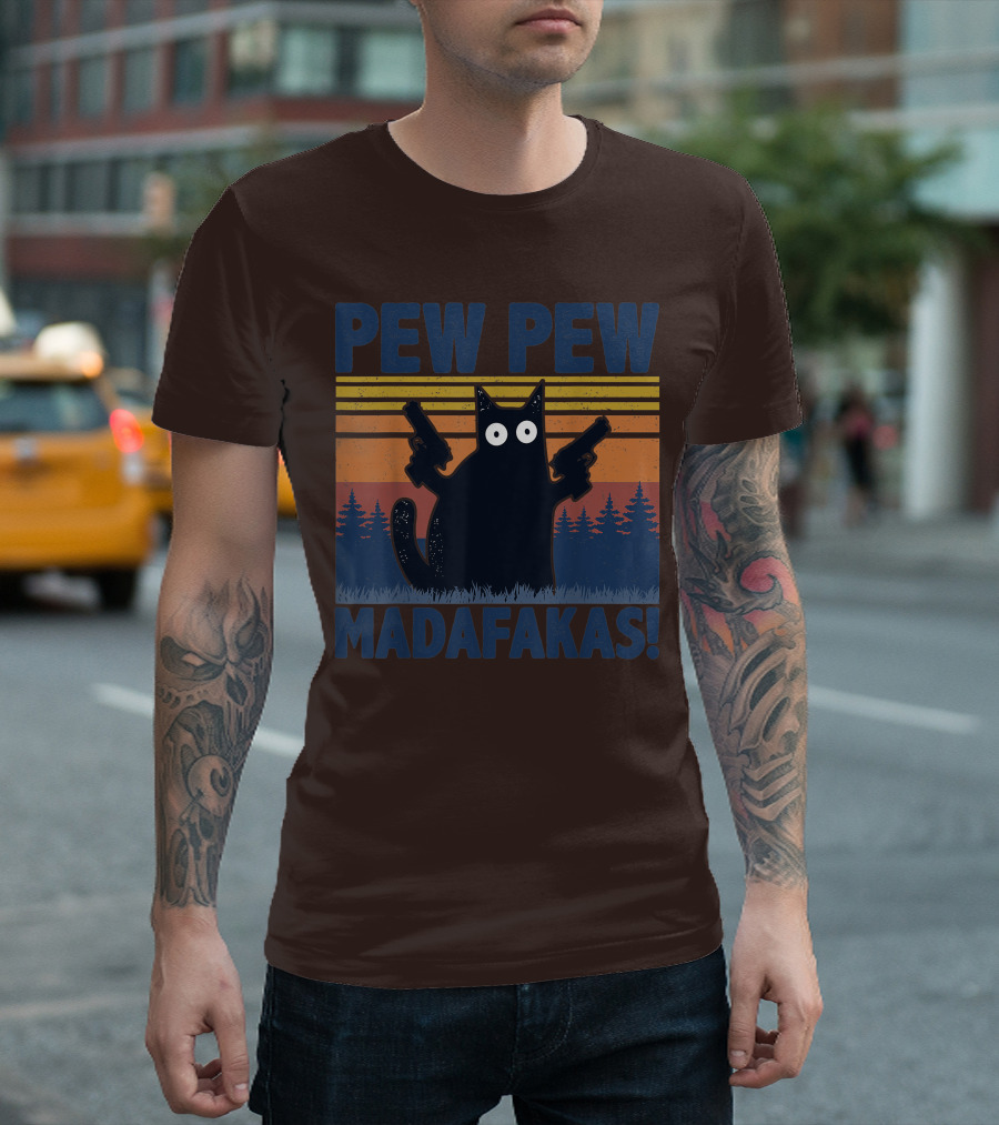 Pew Pew Madafakas Funny Vintage Cat with Guns Retro Forest Background T-Shirt
