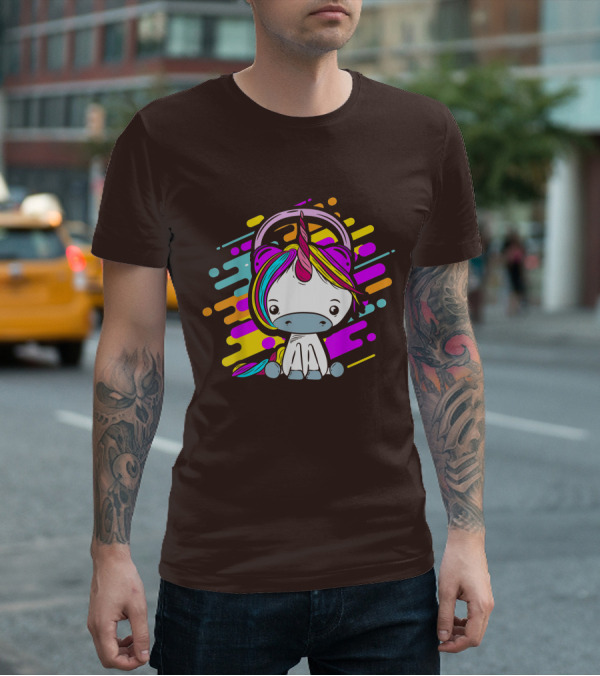 Cute Rainbow Unicorn Headphones Music T-Shirt