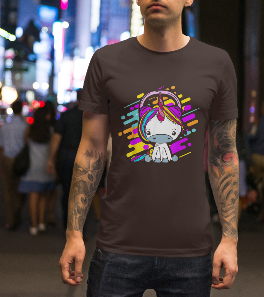 Cute Rainbow Unicorn Headphones Music T-Shirt