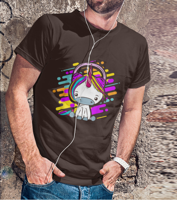Cute Rainbow Unicorn Headphones Music T-Shirt
