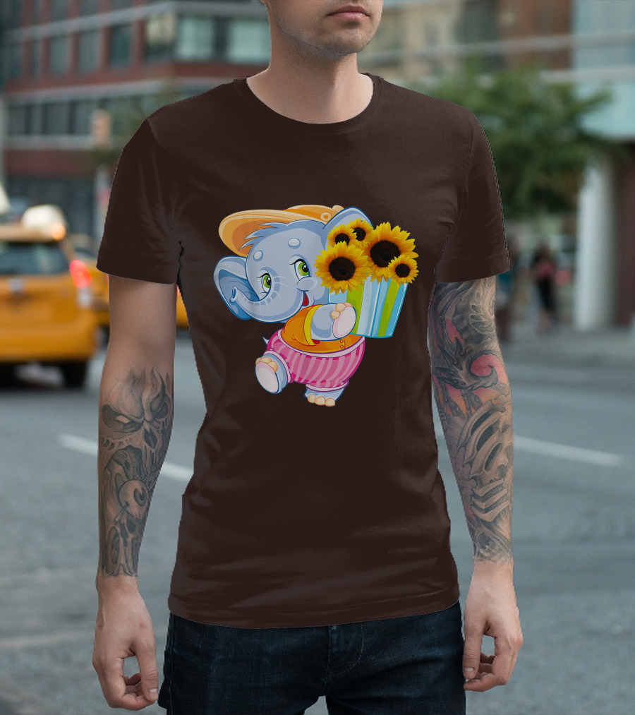 Cute Baby Elephant With Sunflowers And Pink Striped Shorts T-Shirt