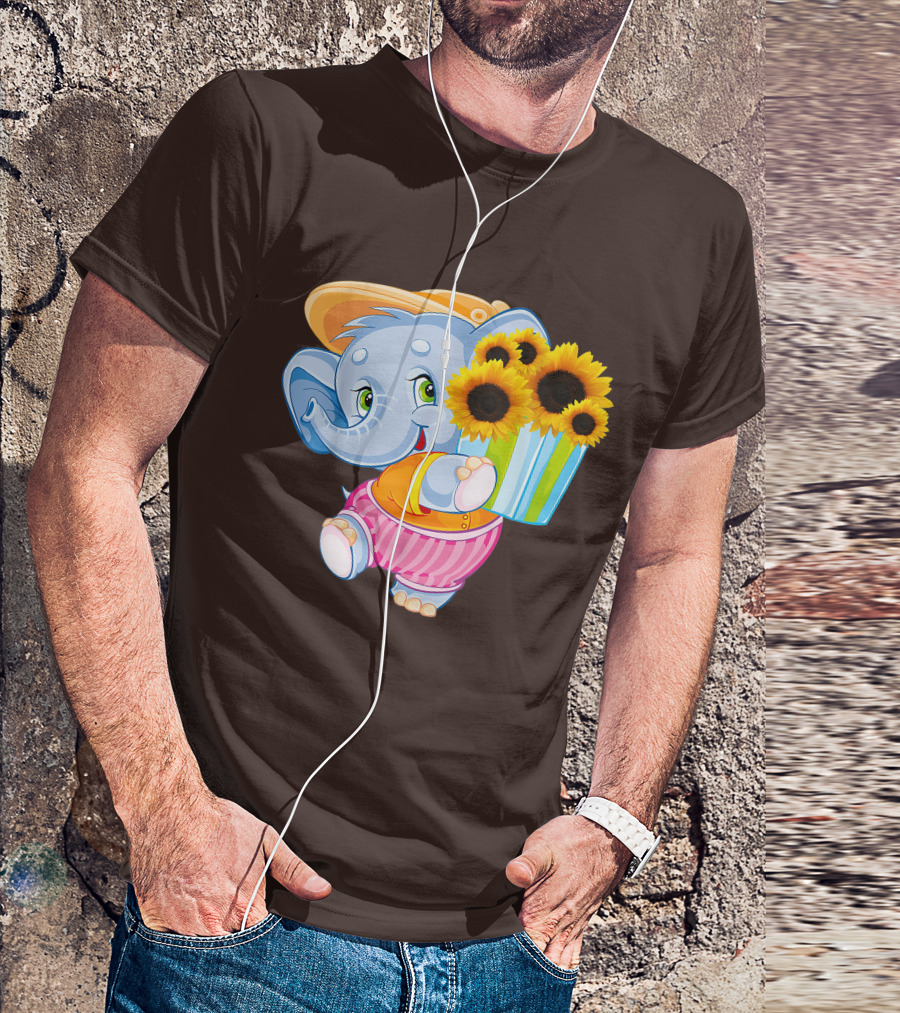Cute Baby Elephant With Sunflowers And Pink Striped Shorts T-Shirt