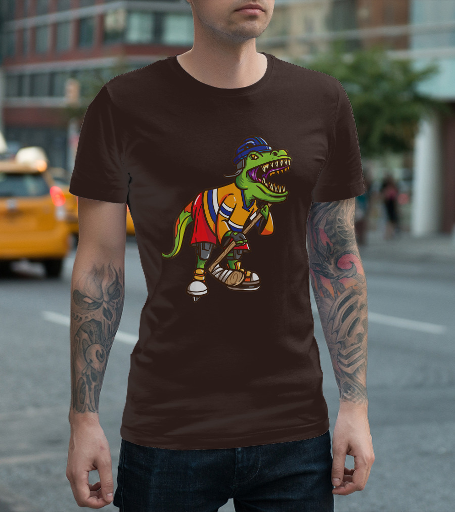 Roller Skates Hockey Dinosaur In Uniform With Stick And Helmet T-Shirt