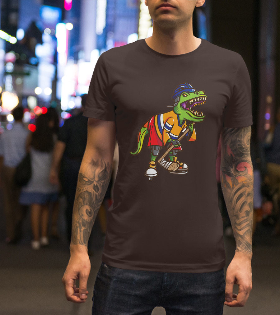 Roller Skates Hockey Dinosaur In Uniform With Stick And Helmet T-Shirt