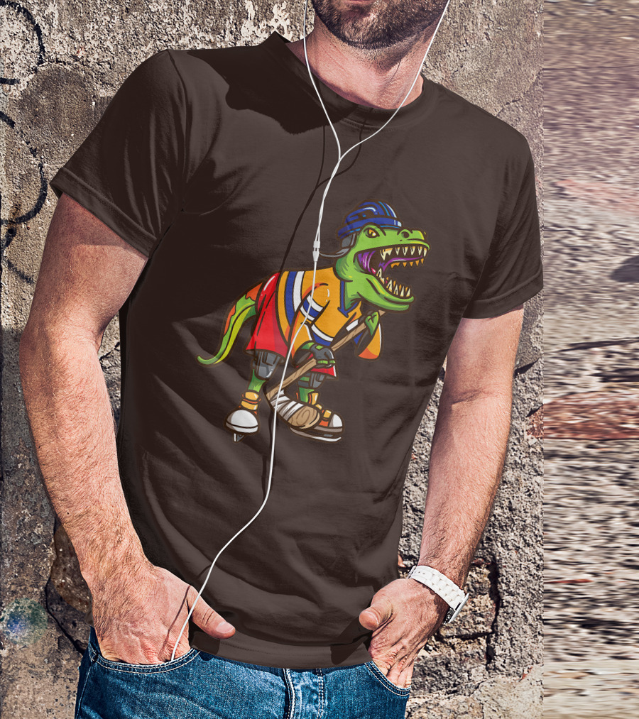 Roller Skates Hockey Dinosaur In Uniform With Stick And Helmet T-Shirt