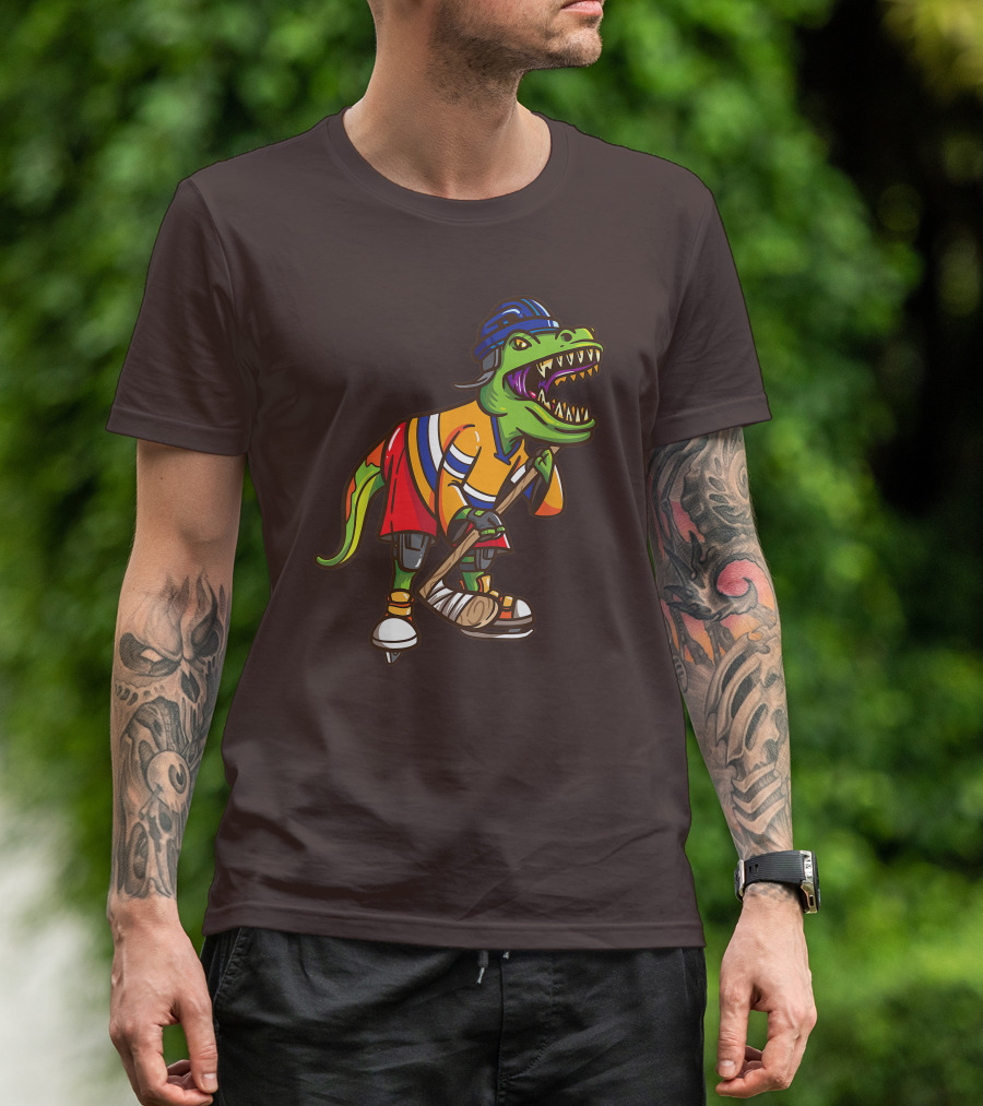 Roller Skates Hockey Dinosaur In Uniform With Stick And Helmet T-Shirt