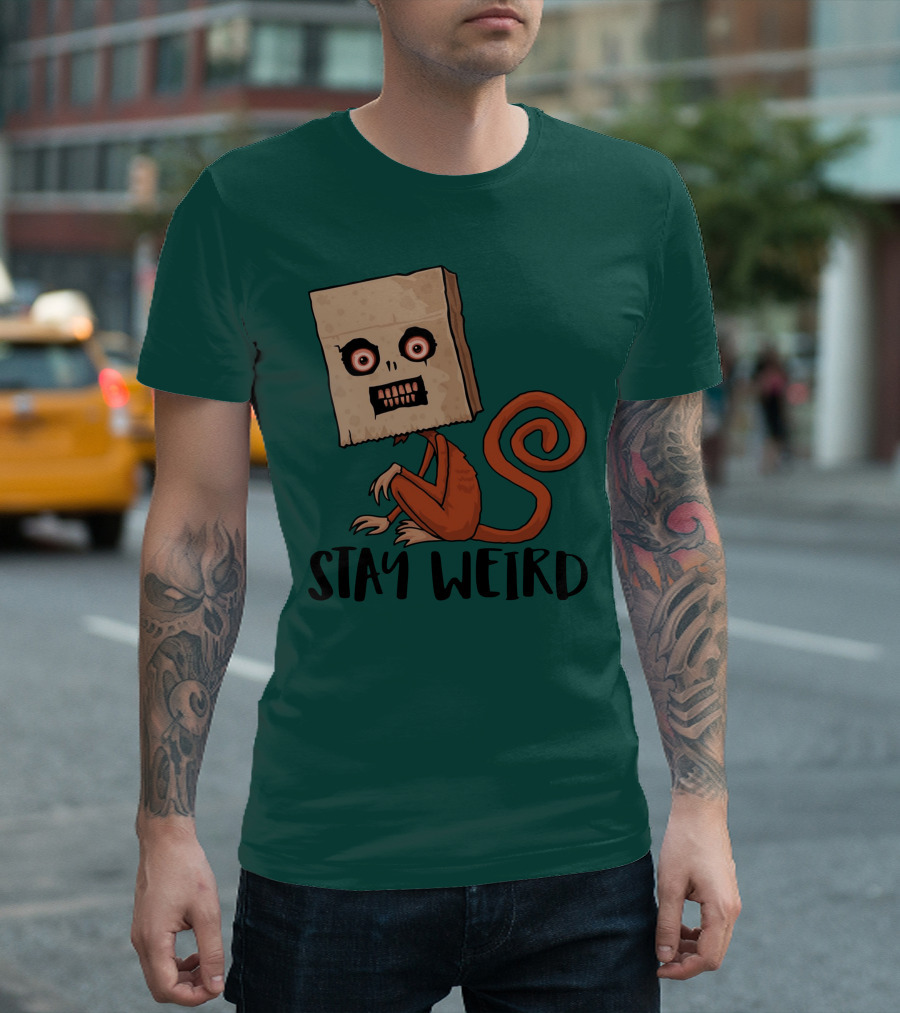 Stay Weird Sack Monkey Creepy Box Head Cartoon T-Shirt