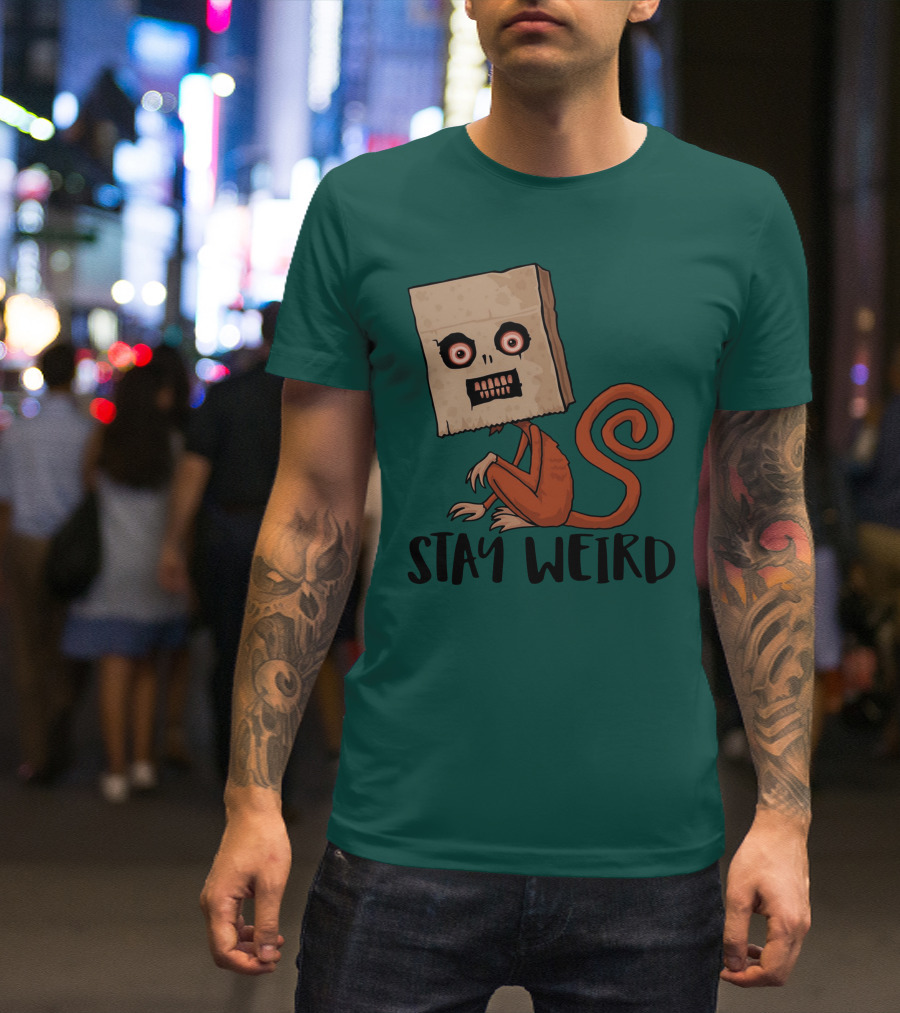 Stay Weird Sack Monkey Creepy Box Head Cartoon T-Shirt