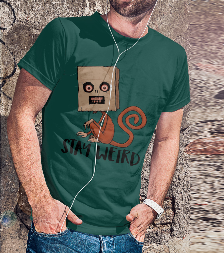 Stay Weird Sack Monkey Creepy Box Head Cartoon T-Shirt