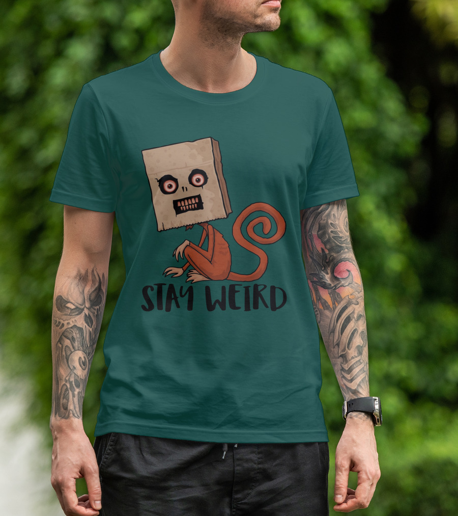 Stay Weird Sack Monkey Creepy Box Head Cartoon T-Shirt