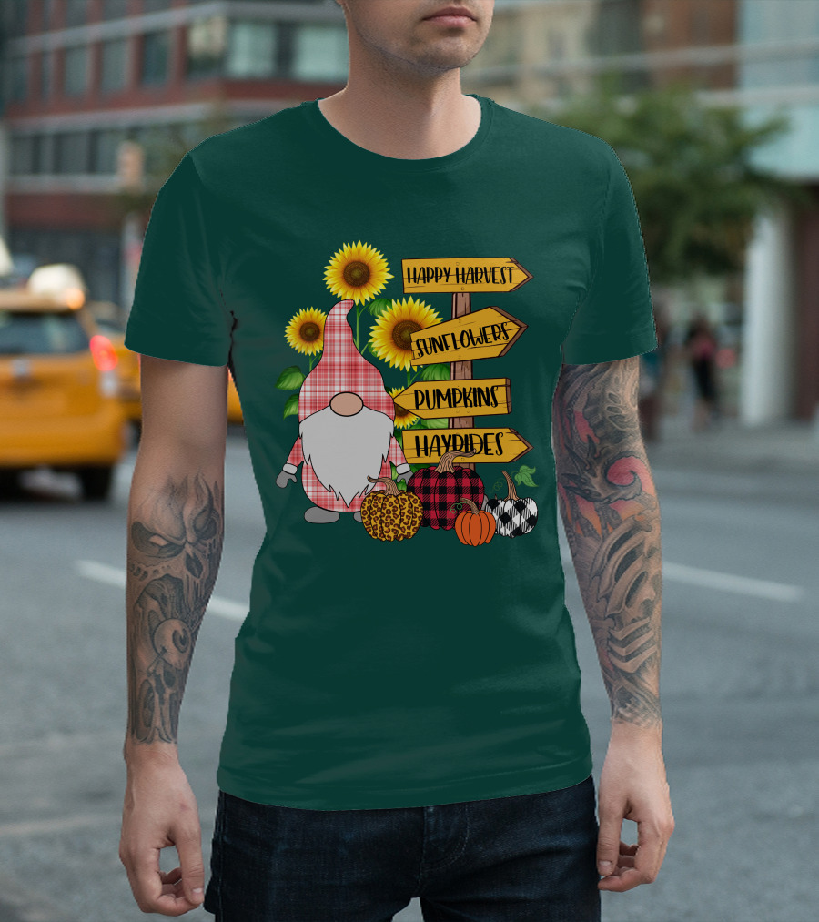 Happy Harvest Sunflowers Pumpkins Hayrides Gnome T-Shirt