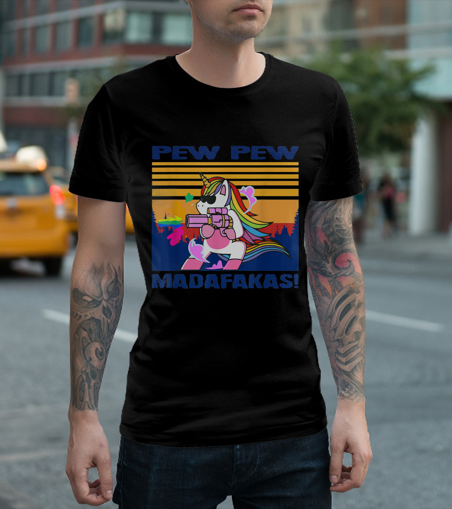 Pew Pew Madafakas Funny Unicorn with Rainbow Gun and Sunglasses T-Shirt