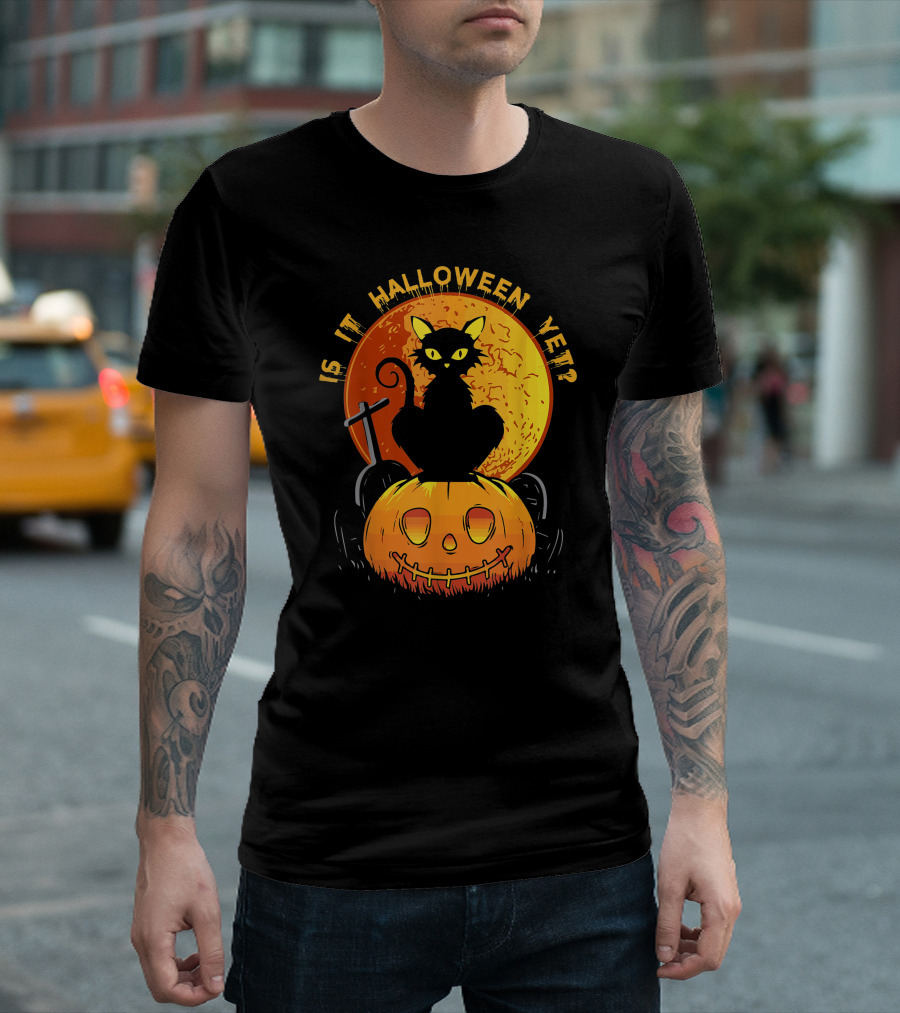 Is It Halloween Yet Funny Cat Pumpkin with Full Moon and Witch's Broom T-Shirt