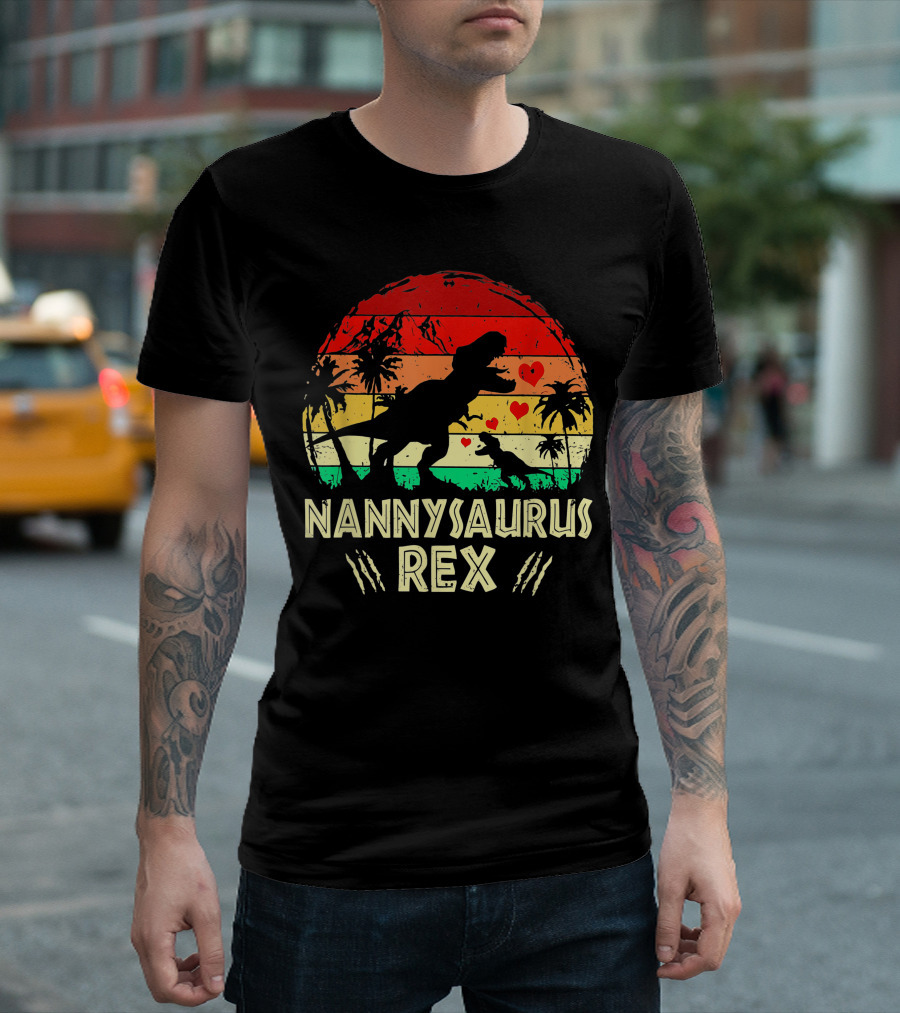 Nannysaurus Rex Dinosaur Sunset Hearts T-Shirt