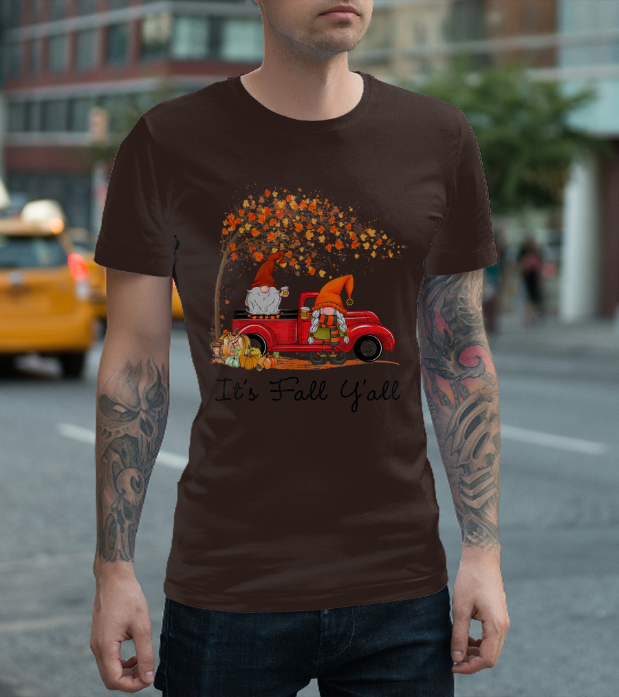 It's Fall Y'all Cute Gnomes Pumpkin Autumn Tree Fall Leaves Red Truck T-Shirt