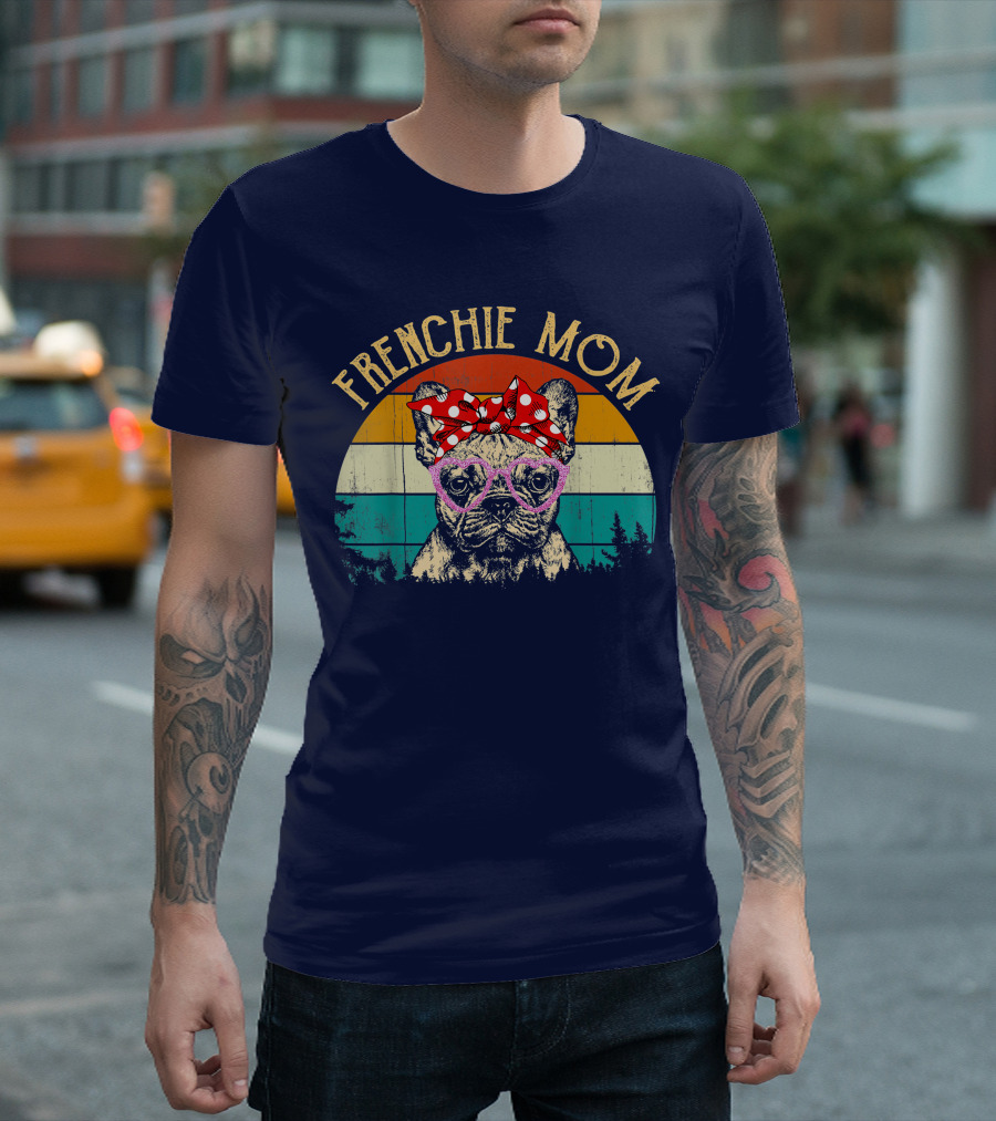 Frenchie Mom Retro Sunset Heart Glasses Bow T-Shirt