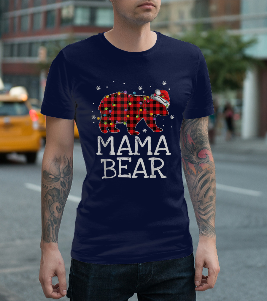 Mama Bear Red Plaid Christmas Lights Santa Hat Snowflakes T-Shirt
