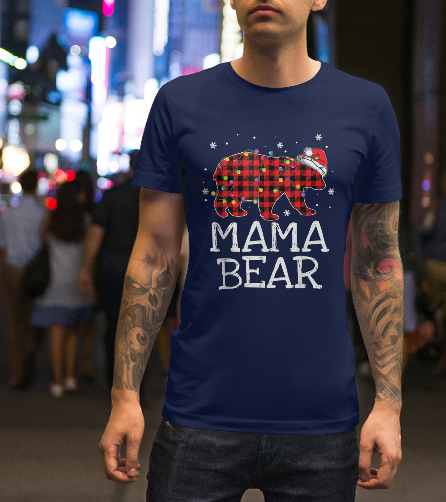 Mama Bear Red Plaid Christmas Lights Santa Hat Snowflakes T-Shirt