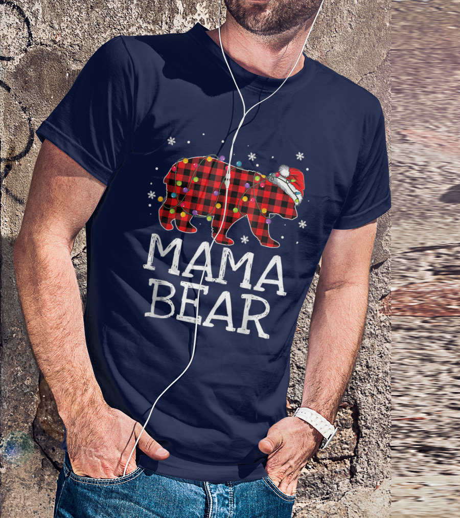 Mama Bear Red Plaid Christmas Lights Santa Hat Snowflakes T-Shirt
