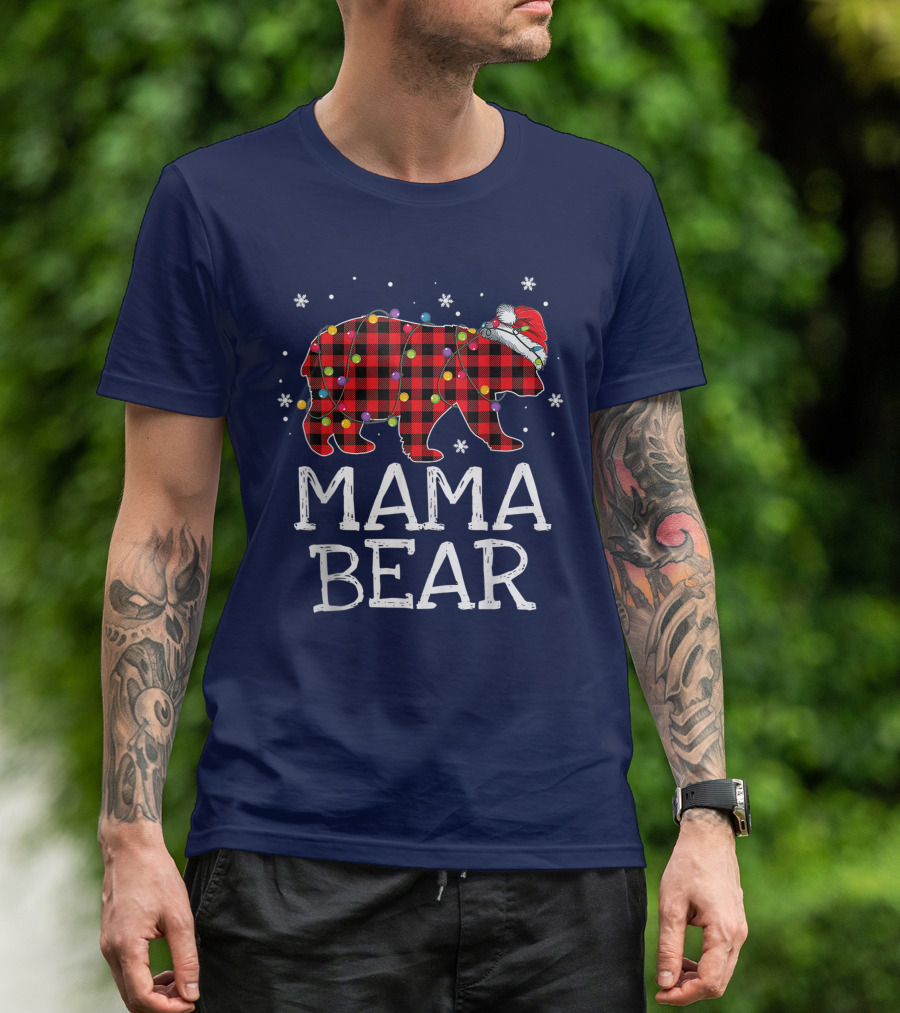 Mama Bear Red Plaid Christmas Lights Santa Hat Snowflakes T-Shirt