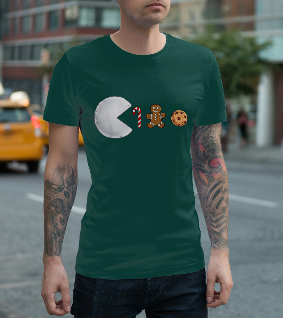 Christmas Snowball Candy Cane Gingerbread Cookie Pac-Man T-Shirt