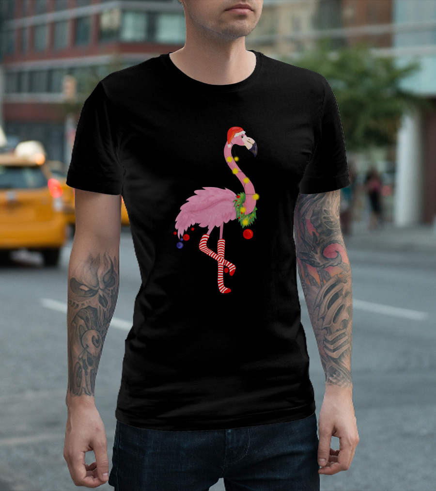 Flamingo Christmas Santa Hat Candy Cane Leggings T-Shirt