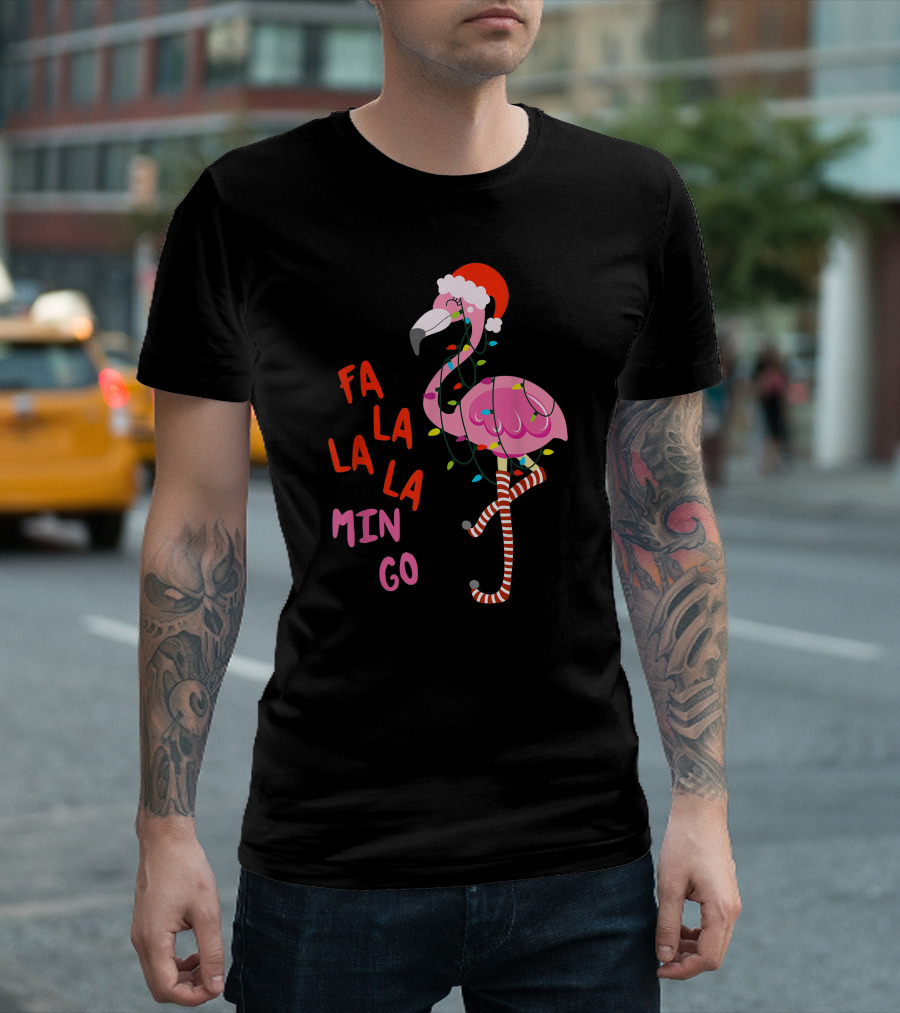 Fa La La La Flamingo Christmas Santa Hat Lights T-Shirt