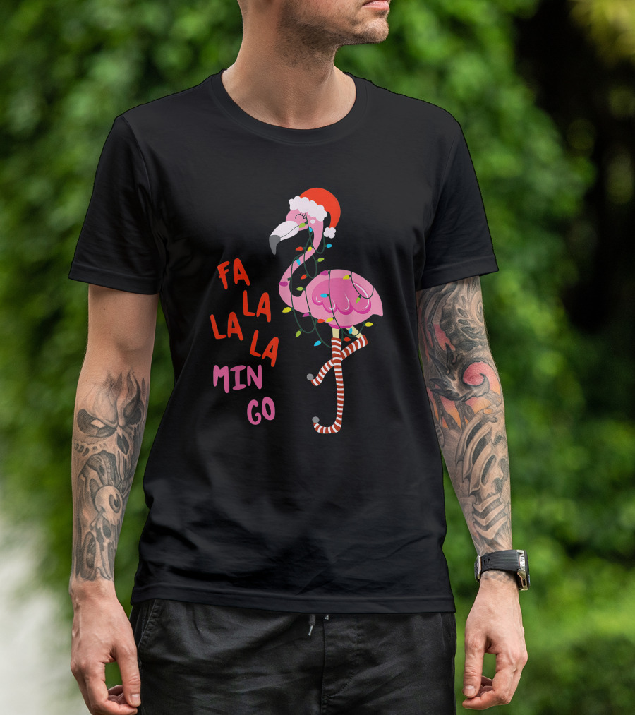 Fa La La La Flamingo Christmas Santa Hat Lights T-Shirt