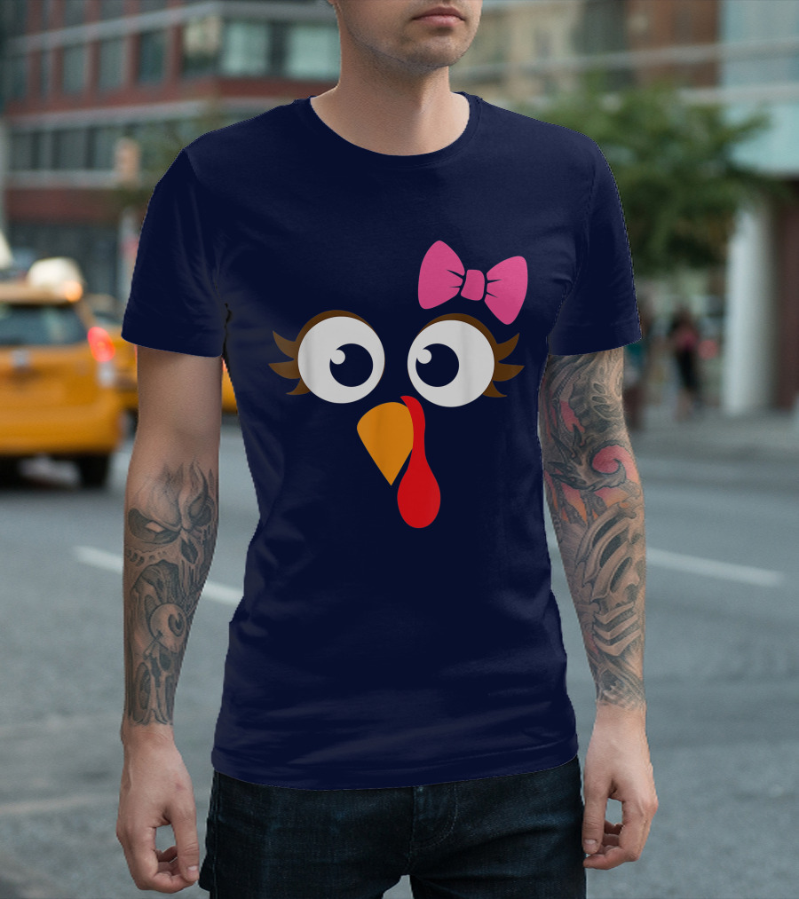 Turkey Face Girl Pink Bow Cute Thanksgiving T-Shirt