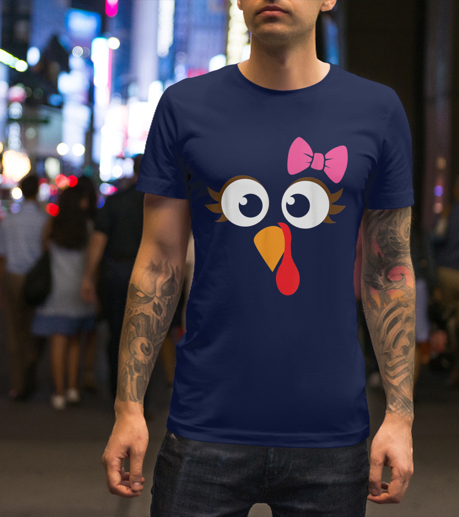 Turkey Face Girl Pink Bow Cute Thanksgiving T-Shirt
