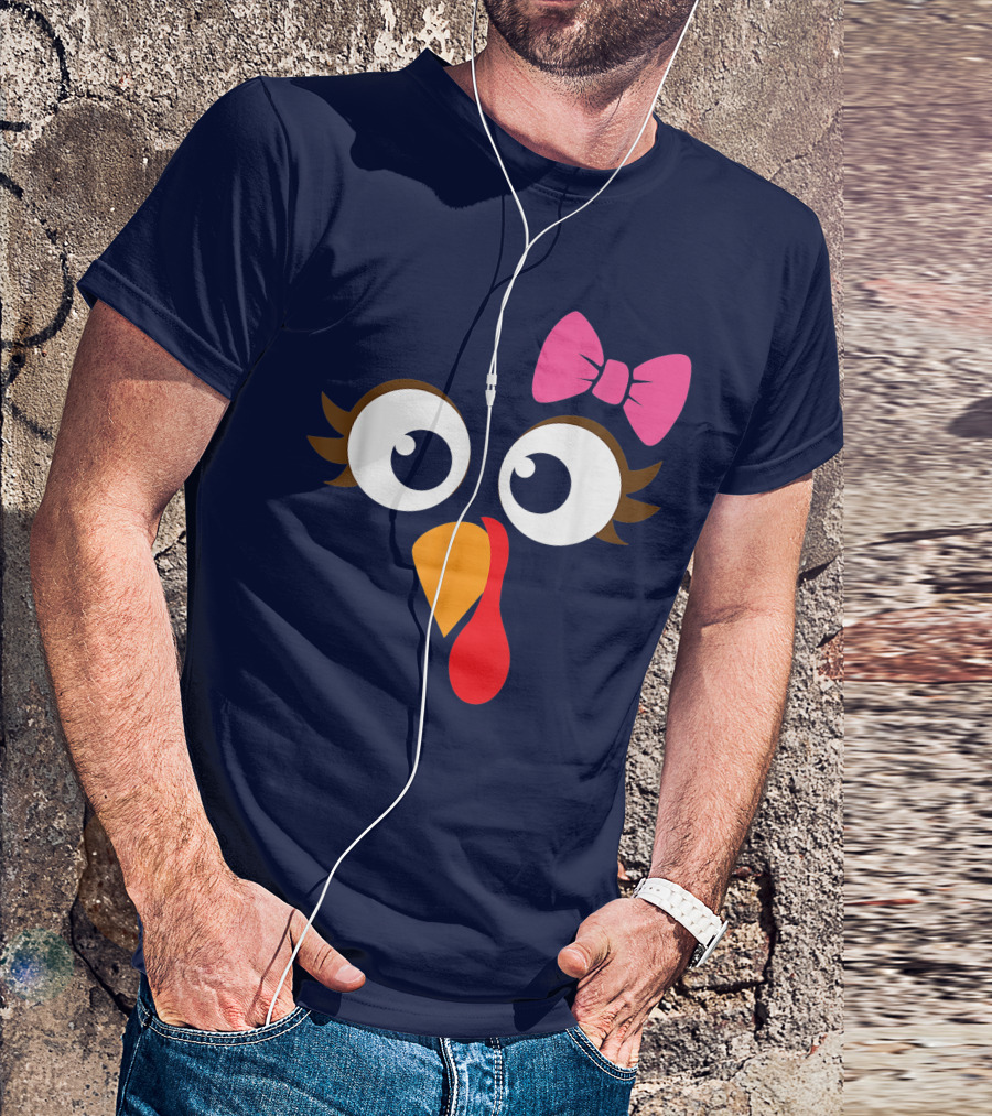 Turkey Face Girl Pink Bow Cute Thanksgiving T-Shirt
