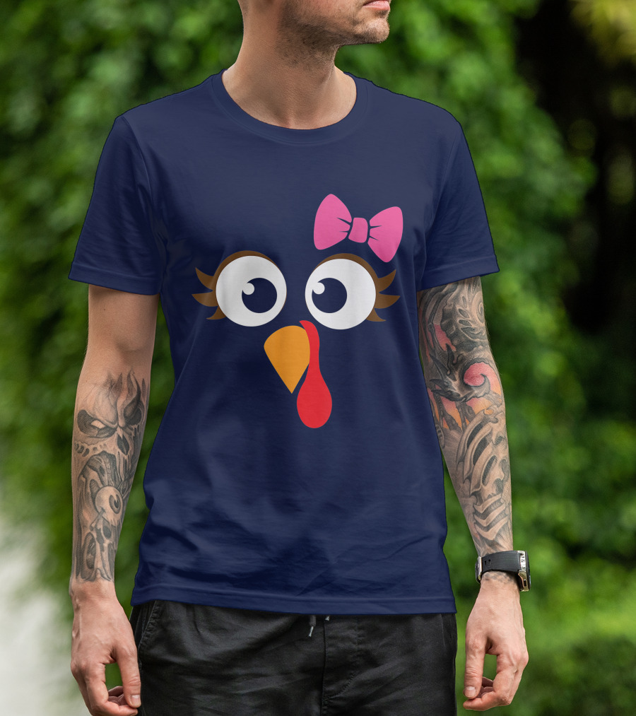 Turkey Face Girl Pink Bow Cute Thanksgiving T-Shirt