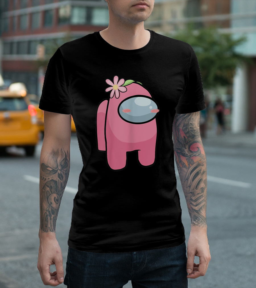 Cute Pink Among Us Sus Character With Flower T-Shirt