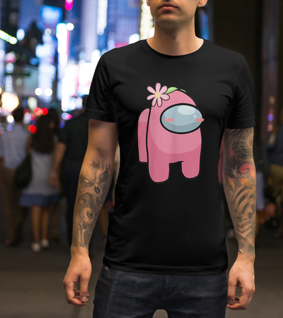 Cute Pink Among Us Sus Character With Flower T-Shirt