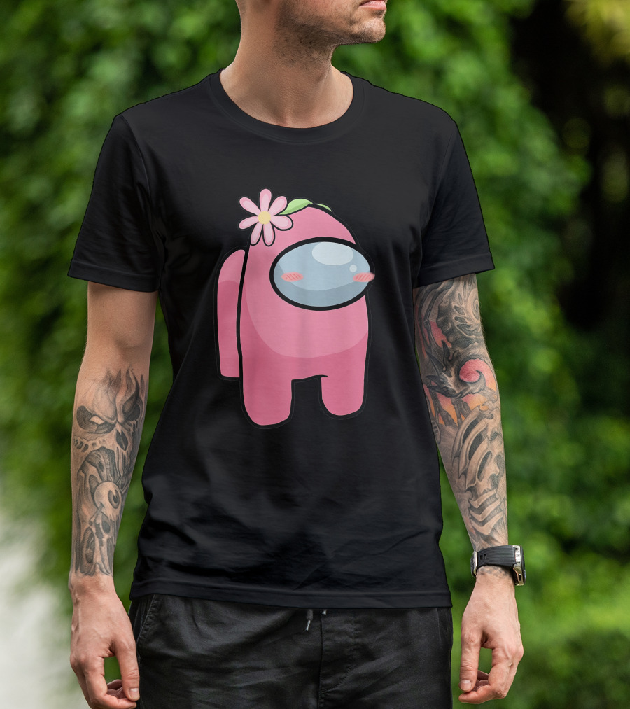 Cute Pink Among Us Sus Character With Flower T-Shirt