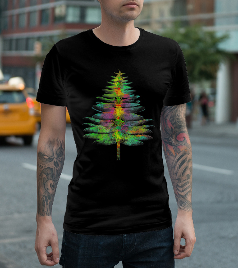 Funny Dragonfly Christmas Tree Multicolored Wings T-Shirt