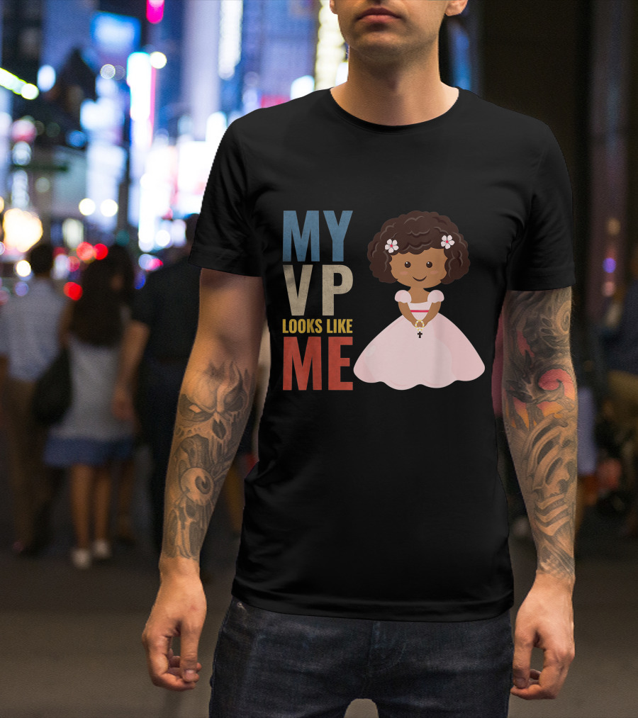 MY VP Looks Like Me Pink Dress Girl Holding Cross T-Shirt