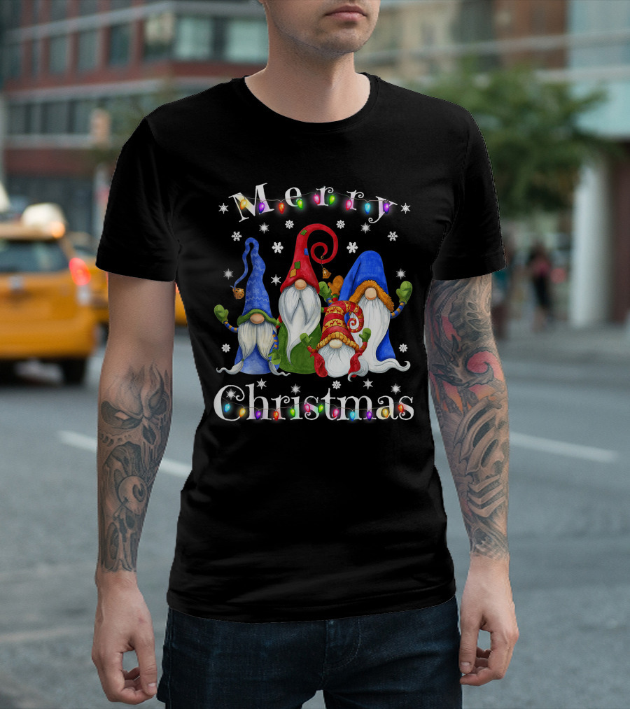 Merry Christmas Garden Gnome Festive Lights T-Shirt