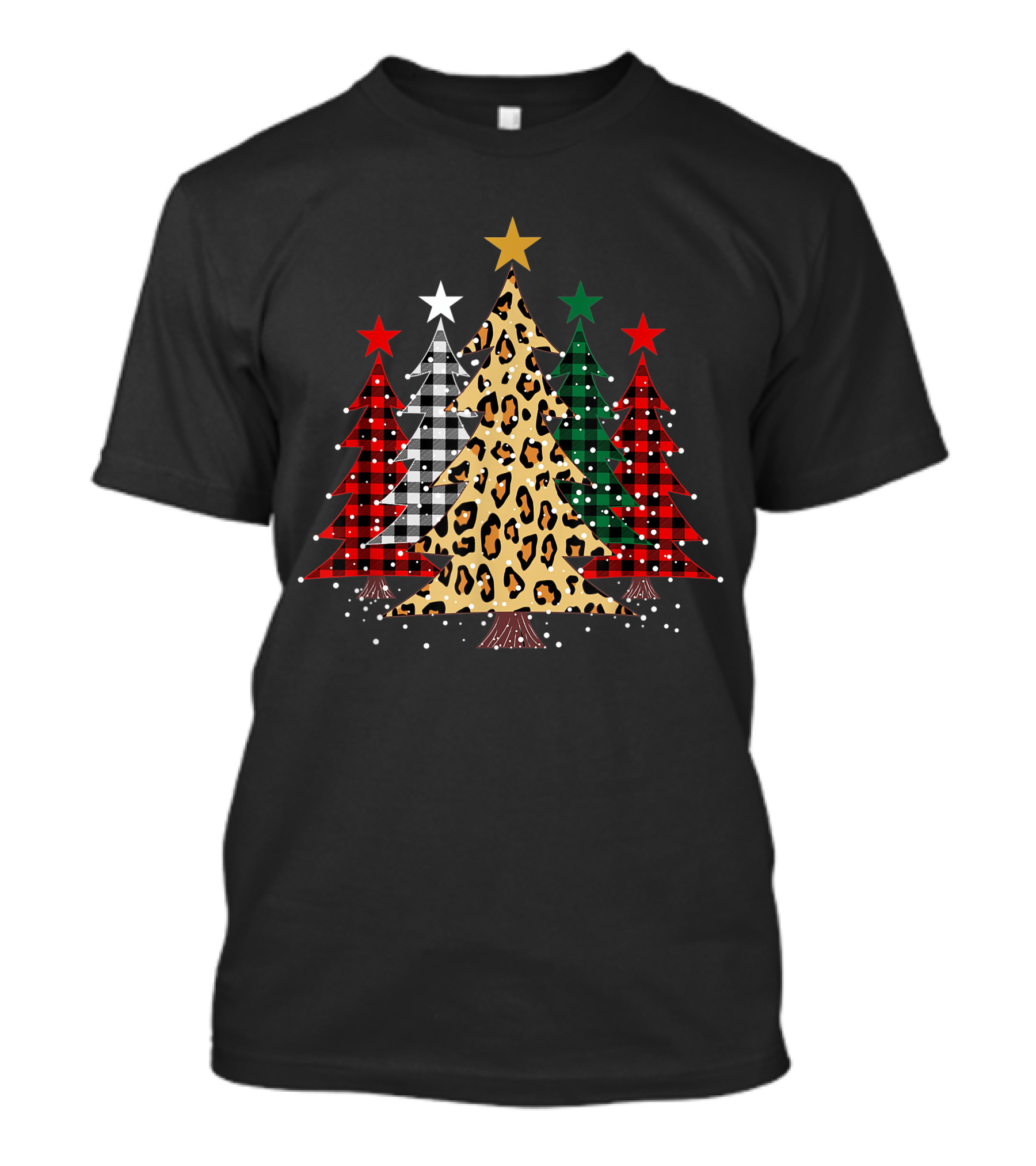 Merry Christmas Trees Buffalo Plaid Leopard Stars Holiday T-Shirt