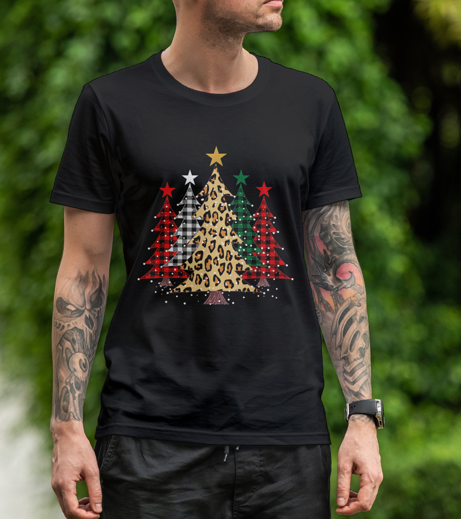 Merry Christmas Trees Buffalo Plaid Leopard Stars Holiday T-Shirt