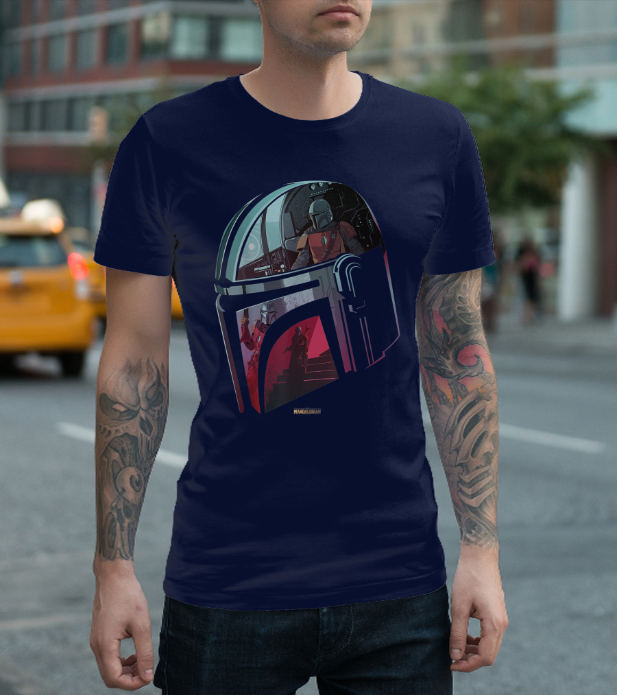 Star Wars The Mandalorian Helmet Spaceship Interior Stairs Scene T-Shirt