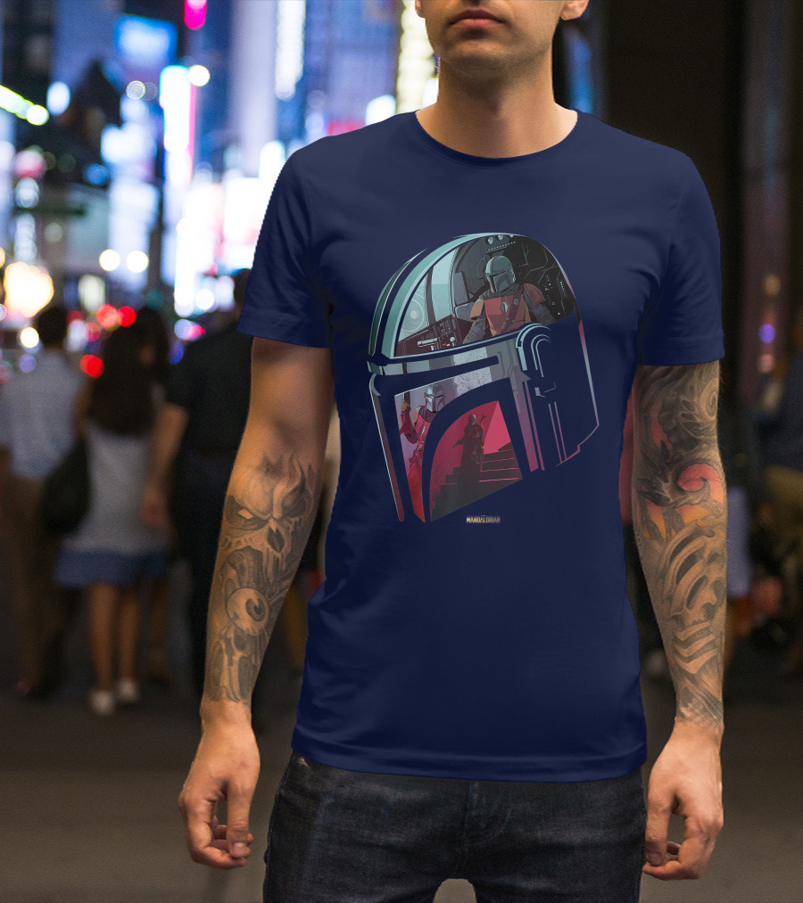 Star Wars The Mandalorian Helmet Spaceship Interior Stairs Scene T-Shirt