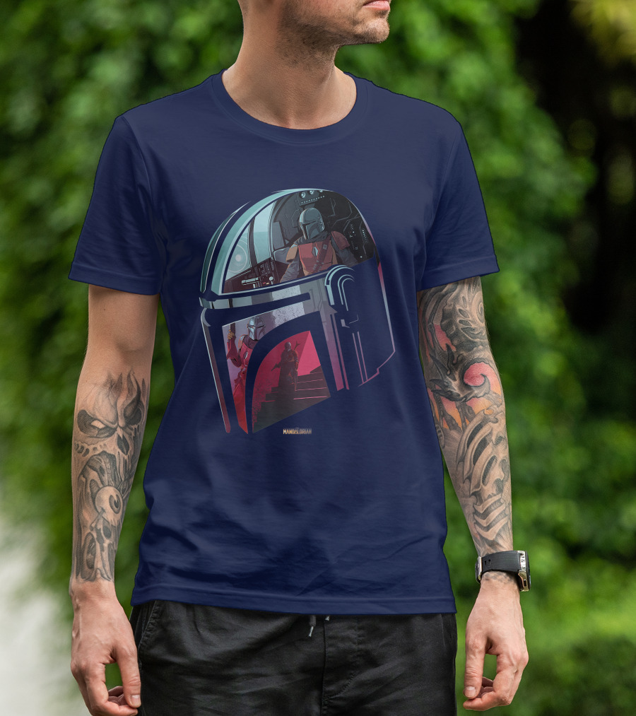 Star Wars The Mandalorian Helmet Spaceship Interior Stairs Scene T-Shirt