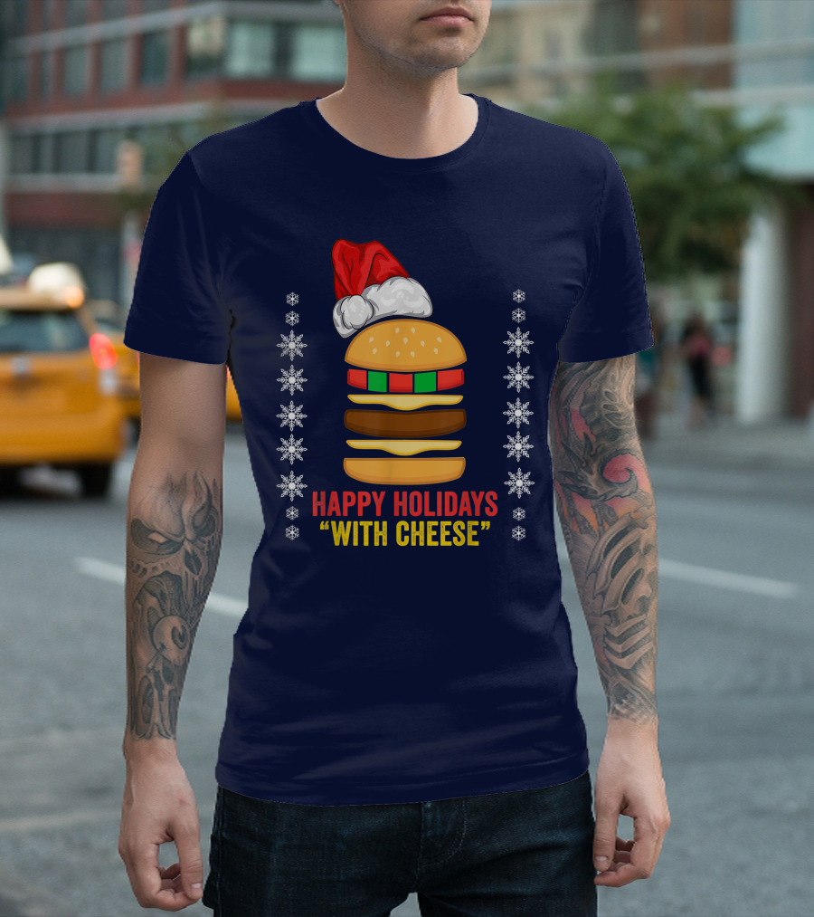 Happy Holidays With Cheese Christmas Cheeseburger Santa Hat Snowflakes T-Shirt