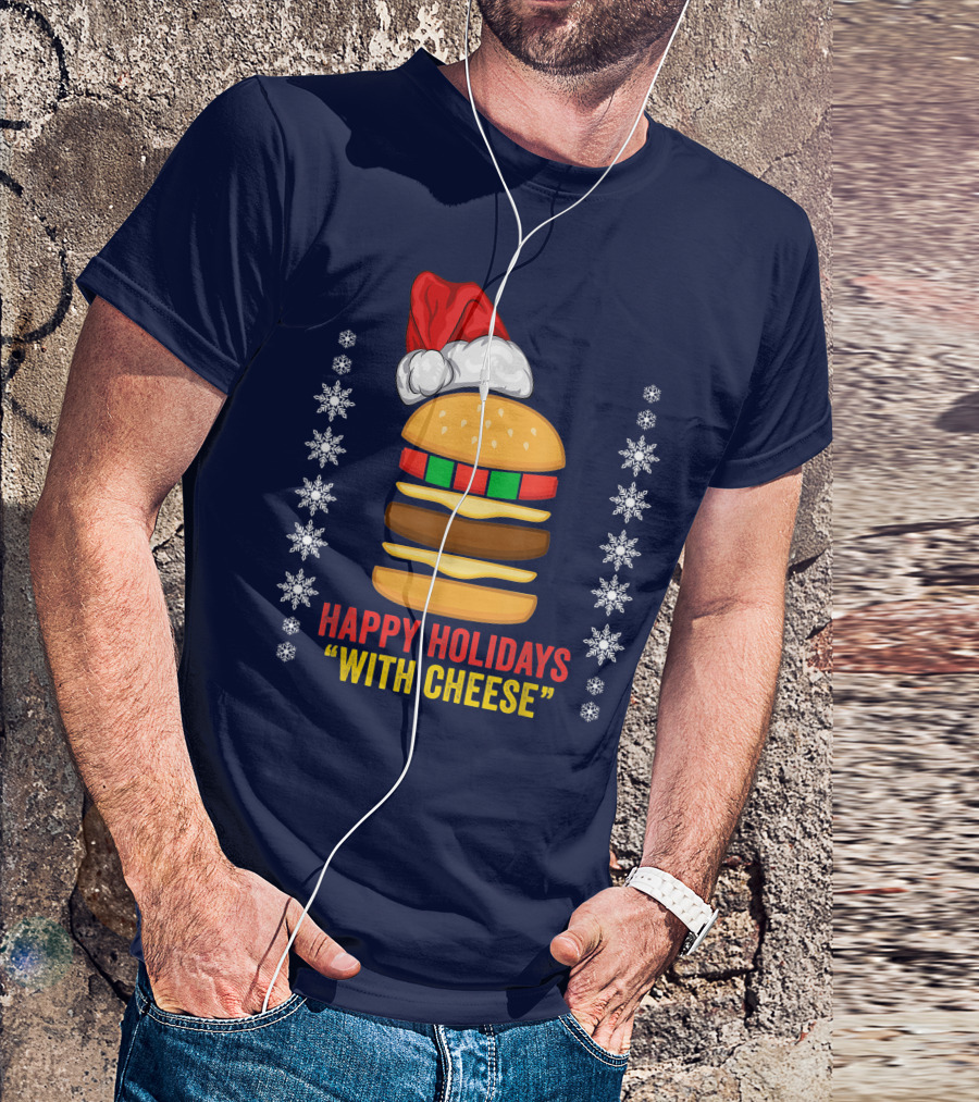 Happy Holidays With Cheese Christmas Cheeseburger Santa Hat Snowflakes T-Shirt