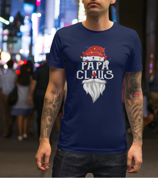 Papa Claus Santa Hat Beard Christmas Lights T-Shirt